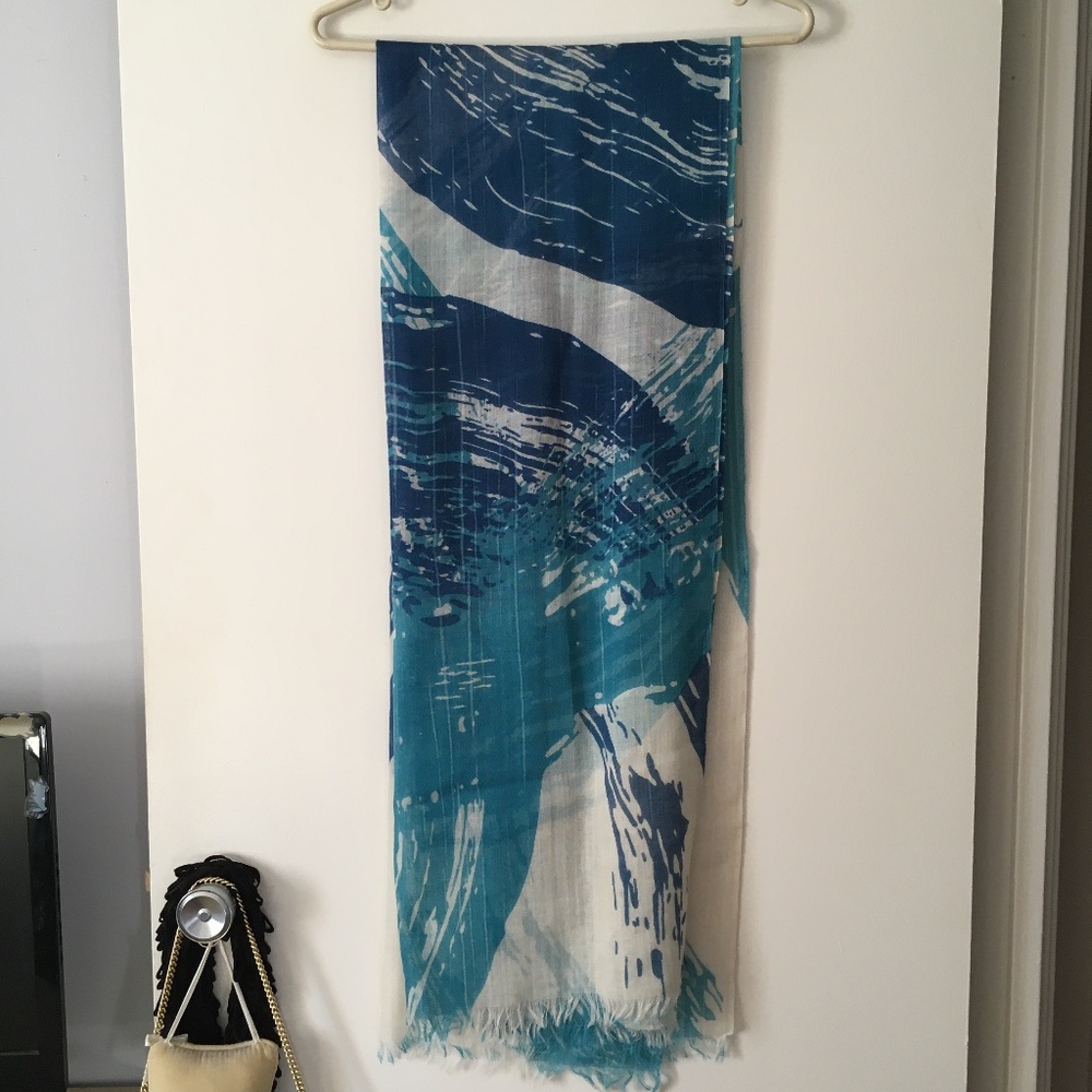 FARO Blue + White Ocean Wave Currents Wool Gauze Featherweight Scarf Sha…